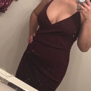 Burgundy low cut short evening dress
